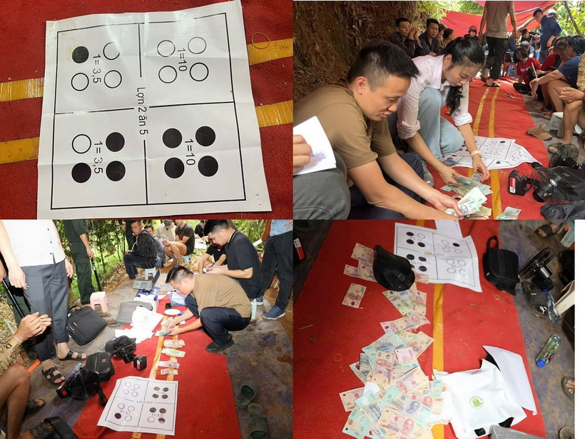 Các đối tượng đánh bạc và tang vật thu giữ tại hiện trường. (Ảnh: TTXVN phát)