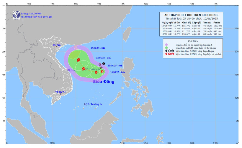 Vị trí và đường đi của áp thấp nhiệt đới. (Nguồn: Trung tâm Dự báo Khí tượng Thủy văn Quốc gia)