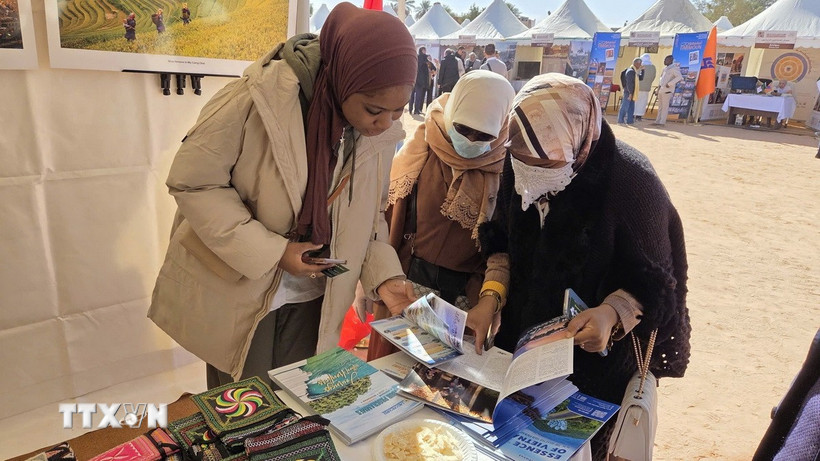 Du khách Algeria xem các ấn phẩm du lịch của Việt Nam tại lễ hội. (Ảnh: Mạnh Hùng/TTXVN)