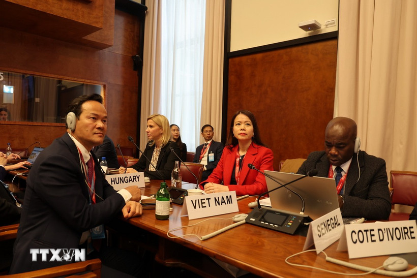 Thứ trưởng Ngoại giao Nguyễn Minh Hằng cùng đoàn Việt Nam tham dự phiên thảo luận chung của hội nghị UNCTAD16. (Ảnh: Anh Hiển/TTXVN)