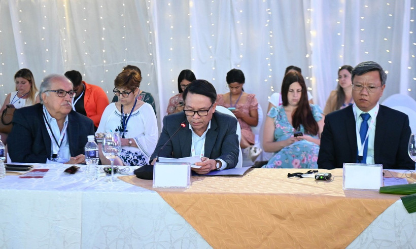 Phó Chủ tịch thường trực Hội Nhà báo Việt Nam Nguyễn Đức Lợi phát biểu tại cuộc họp các Bộ trưởng thông tin và truyền thông và các trưởng đoàn tham dự sự kiện. (Ảnh: Việt Hùng/TTXVN)