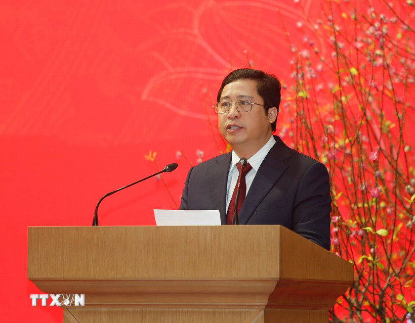 Tân Bí thư Tỉnh ủy Lào Cai Dương Quốc Huy phát biểu nhận nhiệm vụ. (Ảnh: Tuấn Anh/TTXVN)