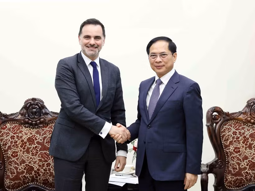 Phó Thủ tướng, Bộ trưởng Ngoại giao Bùi Thanh Sơn tiếp Bộ trưởng đặc trách Ngoại thương và Người Pháp ở nước ngoài Laurent Saint-Martin. (Ảnh: An Đăng/TTXVN)