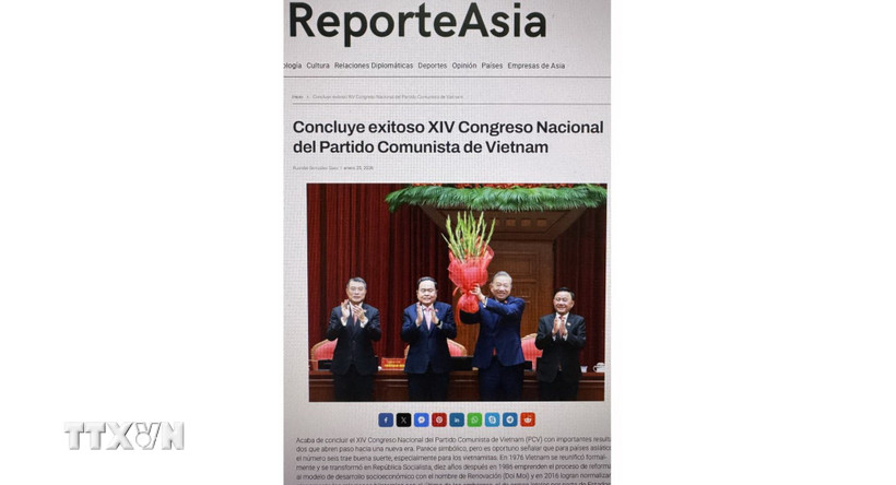 Bài viết “Đại hội đại biểu toàn quốc lần thứ 14 của Đảng Cộng sản Việt Nam kết thúc tốt đẹp” đăng trên trang reporteasia.com. (Nguồn: TTXVN phát)