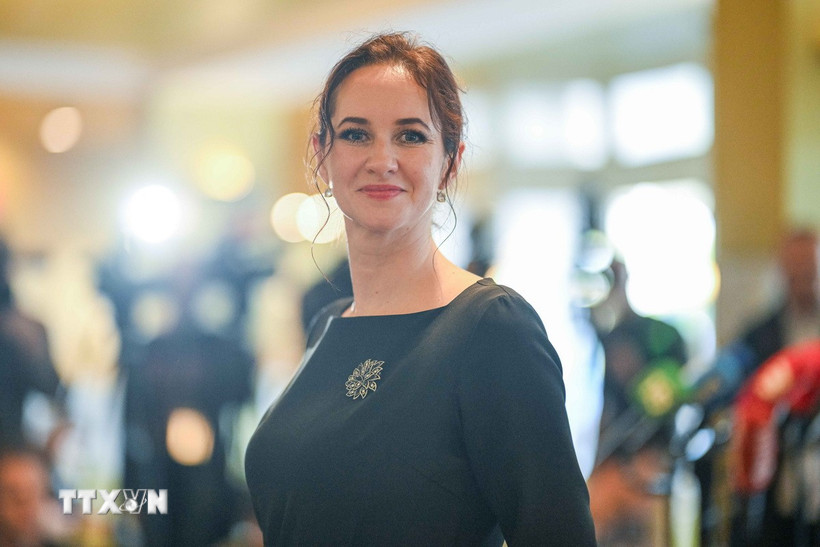 Bà Inga Ruginiene trong cuộc họp báo tại Vilnius, Litva ngày 6/8/2025. (Nguồn: THX/TTXVN)