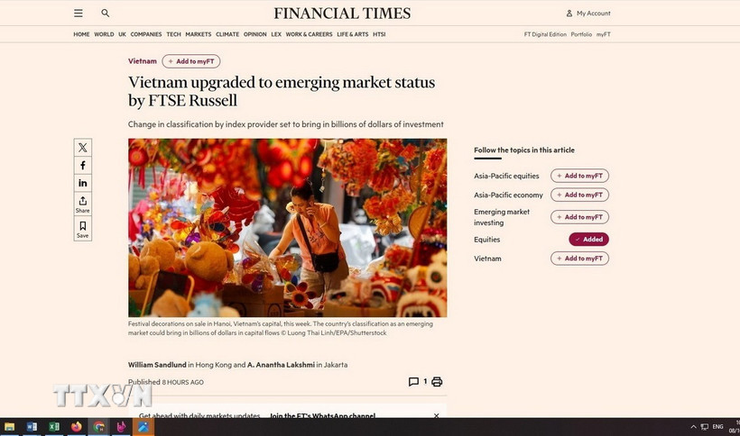 Nội dung bài báo trên trang web báo Financial Times (Anh) ngày 8/10/2025. (Ảnh: Minh Hợp/TTXVN)