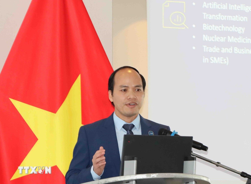 Ông Phùng Quốc Trí phát biểu tại hội thảo “Hợp tác khoa học-công nghệ-thương mại Việt Nam-Liên minh châu Âu.” (Ảnh: Hương Giang/TTXVN)