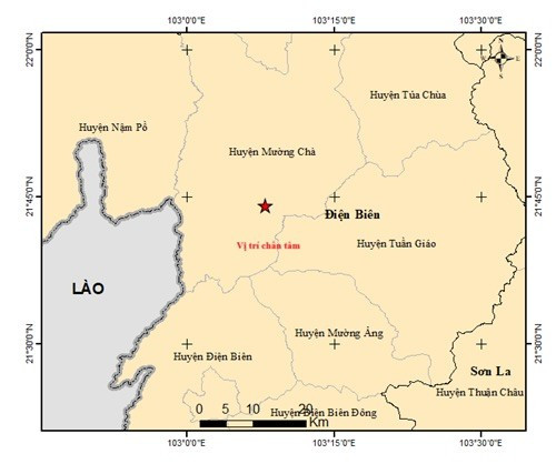 Khu vực huyện Mường Chà, tỉnh Điện Biên liên tiếp xảy ra động đất. (Nguồn: Trung tâm Báo tin động đất và cảnh báo sóng thần)