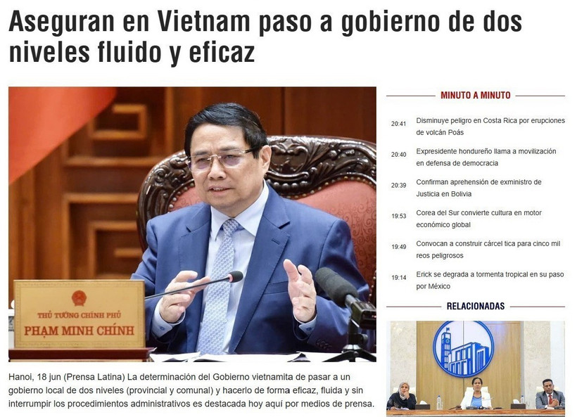 Bài báo tiêu đề “Việt Nam đảm bảo chuyển đổi sang mô hình chính quyền hai cấp thông suốt và hiệu quả” nhấn mạnh chỉ đạo mới nhất của Thủ tướng Phạm Minh Chính về việc thực hiện 28 nghị quyết về phân cấp, phân quyền. (Nguồn: Ảnh chụp màn hình)