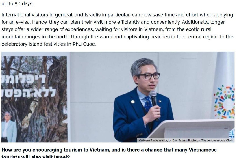 Đại sứ Việt Nam tại Israel Lý Đức Trung trả lời phỏng vấn tạp chí PassportNews, đăng phát ngày 1/7. (Ảnh: TTXVN phát)