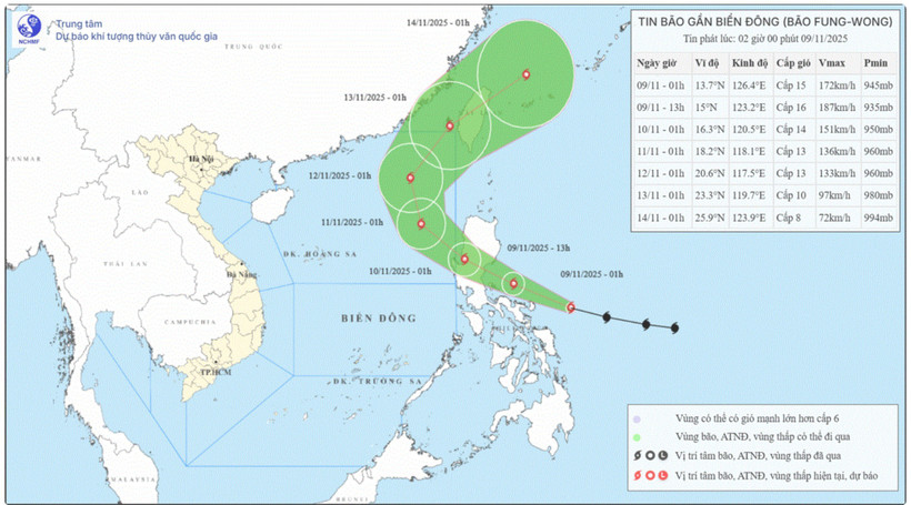 Vị trí và hướng đi của bão. (Nguồn: Trung tâm Dự báo khí tượng Thủy văn Quốc gia)
