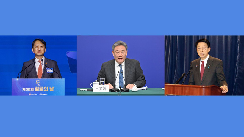 Bộ trưởng Công nghiệp Hàn Quốc Ahn Duk Geun, Bộ trưởng Thương mại Trung Quốc Vương Văn Đào và Bộ trưởng Thương mại Nhật Bản Yoji Muto. (Nguồn: TTXVN)