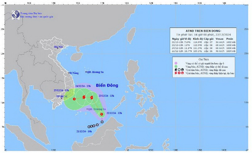 Vị trí và đường đi của áp thấp nhiệt đới. (Nguồn: Trung tâm Dự báo Khí tượng Thủy văn Quốc gia)