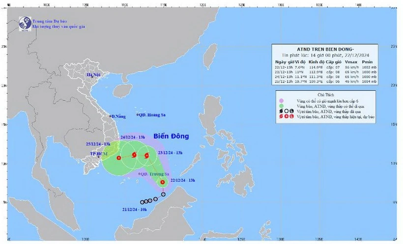 Vị trí và đường đi của áp thấp nhiệt đới. (Nguồn: Trung tâm Dự báo Khí tượng Thủy văn Quốc gia)