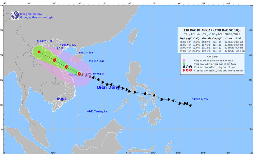 Vị trí và hướng đi của bão số 10. (Nguồn: Trung tâm Dự báo Khí tượng Thủy văn Quốc gia)