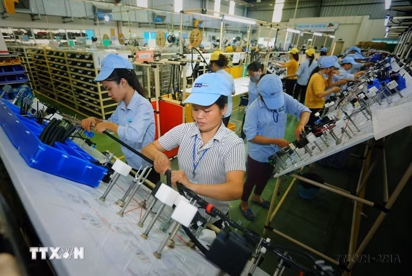 Sản xuất linh kiện điện, điện tử tại Công ty trách nhiệm hữu hạn linh kiện tự động Minda Việt Nam (vốn đầu tư của Ấn Độ) tại Vĩnh Phúc. (Ảnh: Danh Lam/TTXVN)