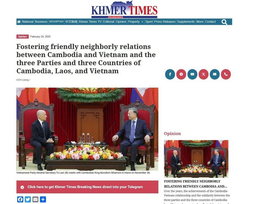 Báo Khmer Times đăng tải bài viết với tiêu đề “Thúc đẩy quan hệ láng giềng hữu nghị Việt Nam-Campuchia và 3 nước Campuchia-Lào-Việt Nam” của nhà nghiên cứu Uch Leang, quyền Vụ trưởng Vụ Nghiên cứu Á-Phi và Trung Đông, Viện Quan hệ quốc tế thuộc Viện Hàn lâm Hoàng gia Campuchia (RAC), Chủ tịch Hội cựu Sinh viên Campuchia học tập tại Việt Nam (CAVA). (Ảnh: TTXVN phát)