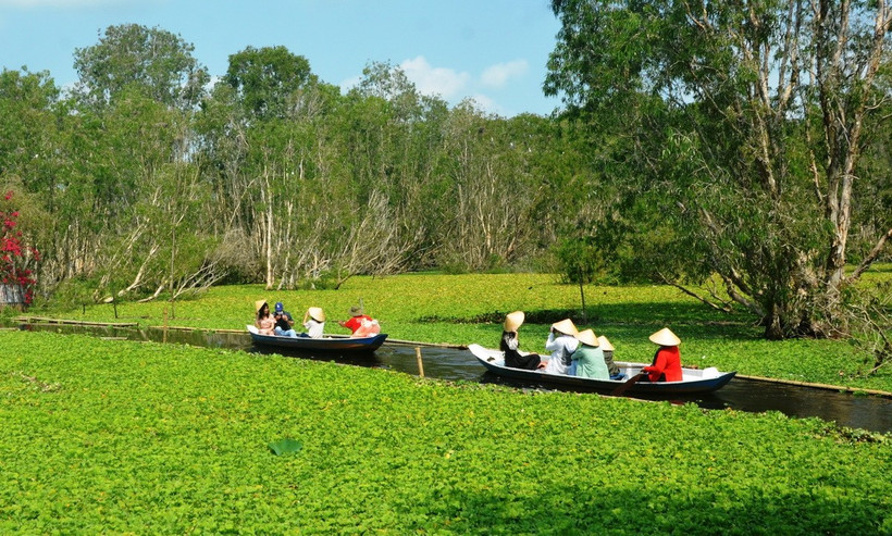 Khách du lịch tham quan rừng tràm Trà Sư, thị xã Tịnh Biên, An Giang. (Ảnh: Thanh Sang/TTXVN)
