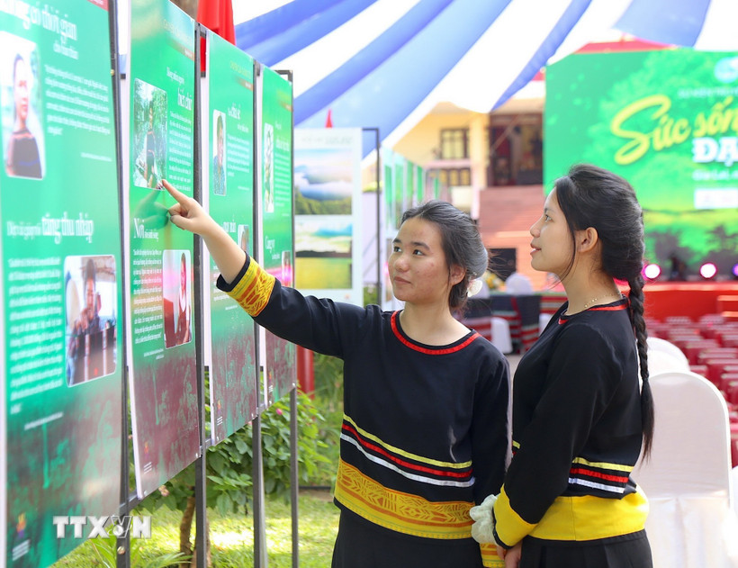Triển lãm “Sức sống đại ngàn” do Bảo tàng Phụ nữ Việt Nam phối hợp với Bảo tàng tỉnh Gia Lai tổ chức nhằm lan tỏa thông điệp bình đẳng giới, tôn vinh nghị lực vươn lên của phụ nữ và trẻ em dân tộc thiểu số. (Ảnh: Quang Thái/TTXVN)