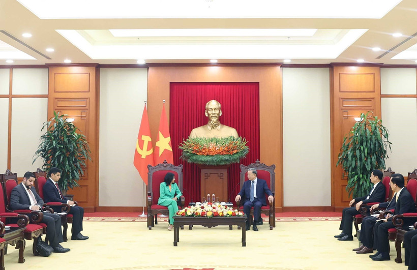 Chiều 29/10/2024, tại Trụ sở Trung ương Đảng, Tổng Bí thư Tô Lâm tiếp bà Delcy Rodríguez Gómez, Ủy viên Bộ Chính trị Đảng Xã hội chủ nghĩa Thống nhất (PSUV), Phó Tổng thống Thường trực Venezuela. (Ảnh: Thống Nhất/TTXVN)
