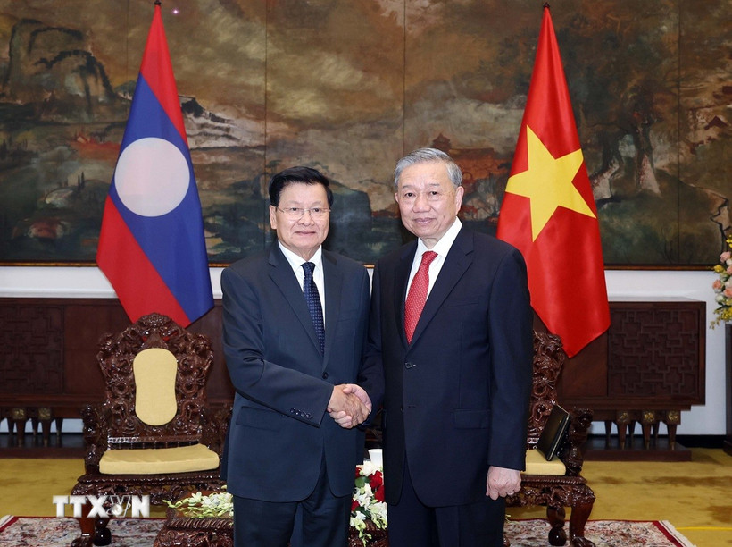 Chiều 29/4/2025, tại Thành phố Hồ Chí Minh, Tổng Bí thư Tô Lâm hội kiến Tổng Bí thư, Chủ tịch nước Lào Thongloun Sisoulith nhân dịp sang Việt Nam dự Lễ kỷ niệm 50 năm Ngày Giải phóng miền Nam, thống nhất đất nước (30/4/1975-30/4/2025). (Ảnh: Thống Nhất/TTXVN)