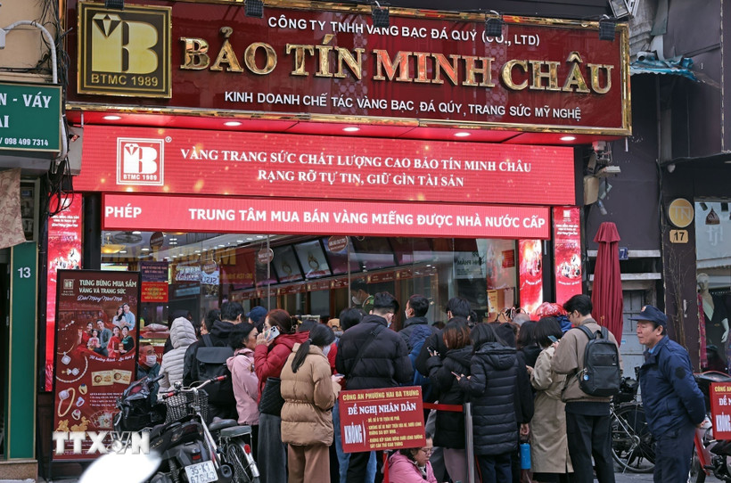 Cửa hàng Bảo Tín Minh Châu trên phố Trần Nhân Tông, Hà Nội. (Ảnh: Trần Việt/TTXVN)