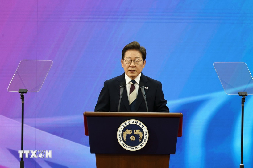 Tân Tổng thống Hàn Quốc Lee Jae Myung tại lễ nhậm chức ở Seoul ngày 4/6/2025. (Ảnh: THX/TTXVN)