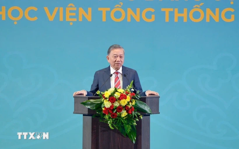 Tổng Bí thư Tô Lâm phát biểu Chính sách tại Học viện Tổng thống Nga. (Ảnh: TTXVN phát)