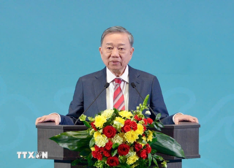 Tổng Bí thư Tô Lâm phát biểu Chính sách tại Học viện Tổng thống Nga. (Ảnh: TTXVN phát)