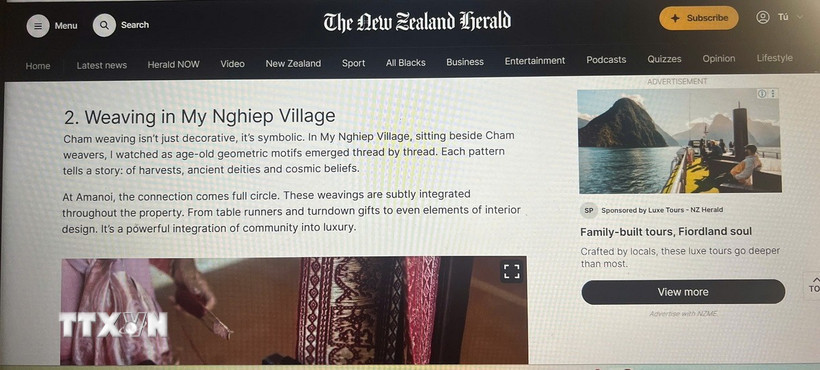 Nghệ thuật dệt vải Chăm được khắc họa rõ nét trong bài viết của tác giả Ankita Mahbir, với mỗi họa tiết kể một câu chuyện, về mùa màng, các vị thần cổ xưa và tín ngưỡng vũ trụ. (Nguồn: Chụp màn hình trang báo)