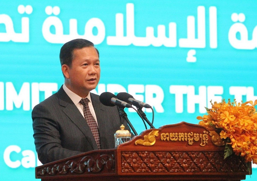 Thủ tướng Vương quốc Campuchia Hun Manet phát biểu tại hội nghị. (Ảnh: Quang Anh/TTXVN)