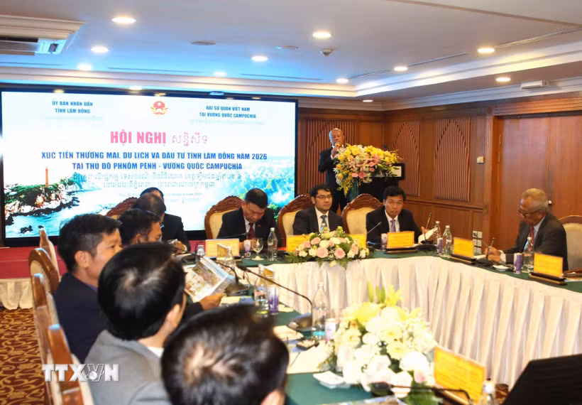 Quang cảnh Hội nghị Xúc tiến thương mại, du lịch và đầu tư tỉnh Lâm Đồng năm 2026 tại thủ đô Phnom Penh, Vương quốc Campuchia. (Ảnh: Minh Hưng/TTXVN)