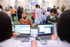 Dữ liệu của bệnh nhân được cập nhật lên Hệ thống hồ sơ sức khoẻ điện tử của Thành phố Hà Nội. (Ảnh: Minh Quyết/TTXVN)