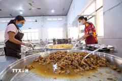 Các món ăn được chế biến, chuẩn bị theo thực đơn dành cho học sinh nội trú. (Ảnh: TTXVN)