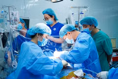 Các bác sỹ thực hiện ca ghép tim cho người bệnh. (Ảnh: TTXVN phát)