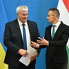 Bộ trưởng Ngoại giao và Thương mại Hungary Peter Szijjarto (phải) và Bộ trưởng Ngoại giao Ukraine Andrii Sybiha (trái) trò chuyện vào cuối buổi họp báo chung tại Hungary năm 2024. (Nguồn: AFP)