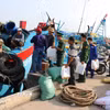 Bộ đội Biên phòng tỉnh Đồng Tháp tặng quà và tuyên truyền về phòng, chống khai thác IUU cho ngư dân ở Cảng cá Vàm Láng, xã Gia Thuận, tỉnh Đồng Tháp. (Ảnh: Hữu Chí/TTXVN)