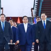 Thủ tướng ba nước Việt Nam-Lào-Campuchia họp triển khai Kết luận Cuộc gặp giữa ba Người đứng đầu ba Đảng. (Ảnh: Dương Giang/TTXVN)
