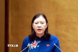 Chủ nhiệm Ủy ban Dân nguyện và Giám sát của Quốc hội Lê Thị Nga trình bày Báo cáo giải trình, tiếp thu, chỉnh lý về 02 dự thảo: Nghị quyết về Chương trình giám sát của Quốc hội năm 2027; Nghị quyết về thành lập Đoàn giám sát chuyên đề của Quốc hội năm 2027. (Ảnh: Tuấn Anh/TTXVN)
