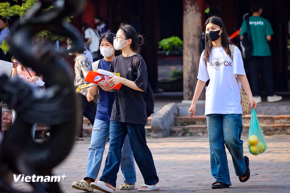Các thí sinh nườm nượp tới Văn Miếu Quốc Tử Giám để cầu may mắn, mong thuận lợi "vượt vũ môn" cho kỳ thi. (Ảnh: Hoài Nam/Vietnam+)