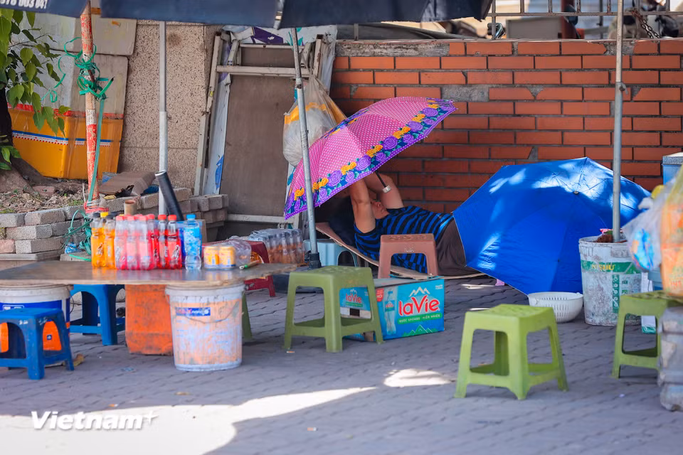 Mặc dù là nắng đầu mùa nhưng nhiều người dân mưu sinh ngoài đường phố đã phải vất vả tìm cách ứng phó. (Ảnh: Hoài Nam/Vietnam+)