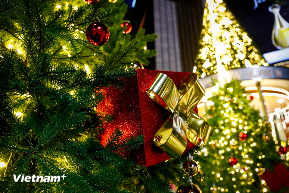 Cây thông Noel được trang trí bởi các gói quà, chuông... cùng sự hỗ trợ của ánh đèn trở lên lung linh vào buổi tối. (Ảnh: Hoài Nam/Vietnam+)
