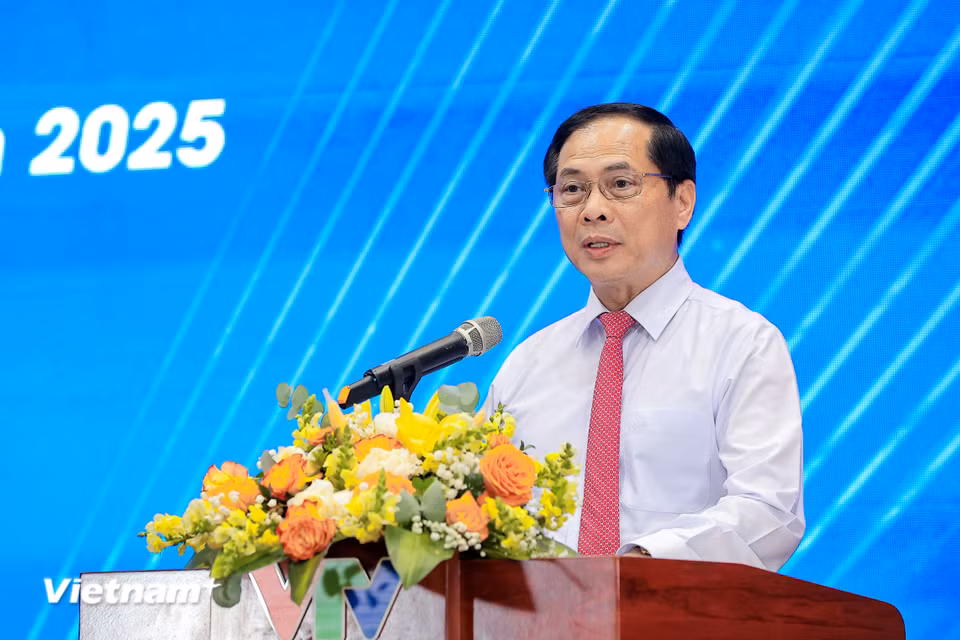 Ủy viên Trung ương Đảng, Phó Thủ tướng Chính phủ, Bộ trưởng Bộ ngoại giao Bùi Thanh Sơn phát biểu tại Lễ tuyên dương. (Ảnh: Hoài Nam/Vietnam+)