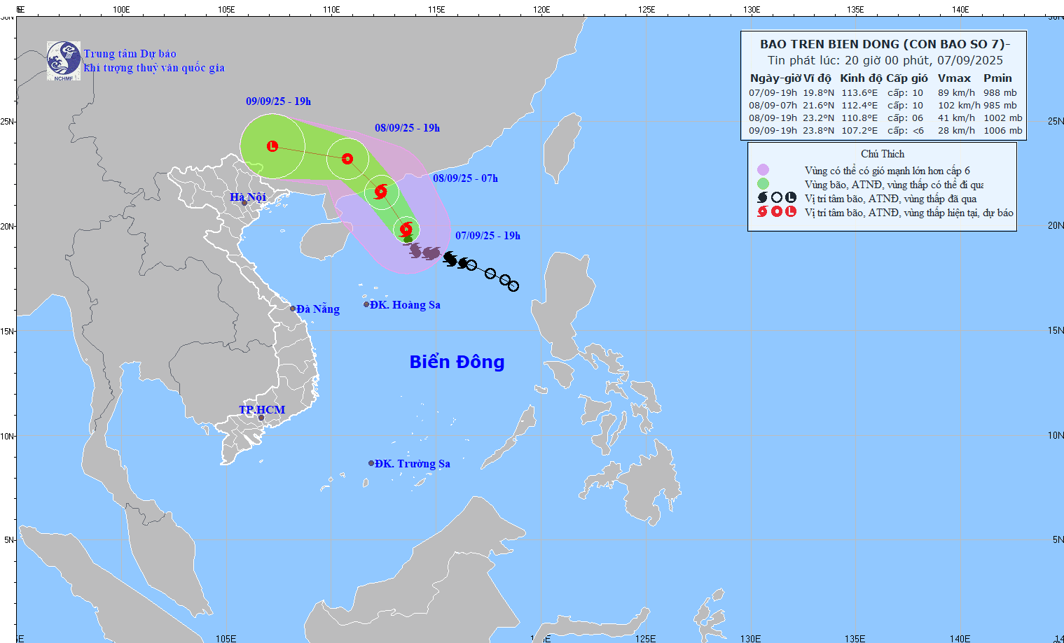 Hướng di chuyển của bão. (Nguồn: Trung tâm Dự báo Khí tượng Thủy văn Quốc gia)