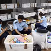 Lực lượng chức năng thu giữ hàng nghìn sản phẩm sữa, thực phẩm chức năng, mỹ phẩm nhập lậu. (Ảnh: TTXVN)