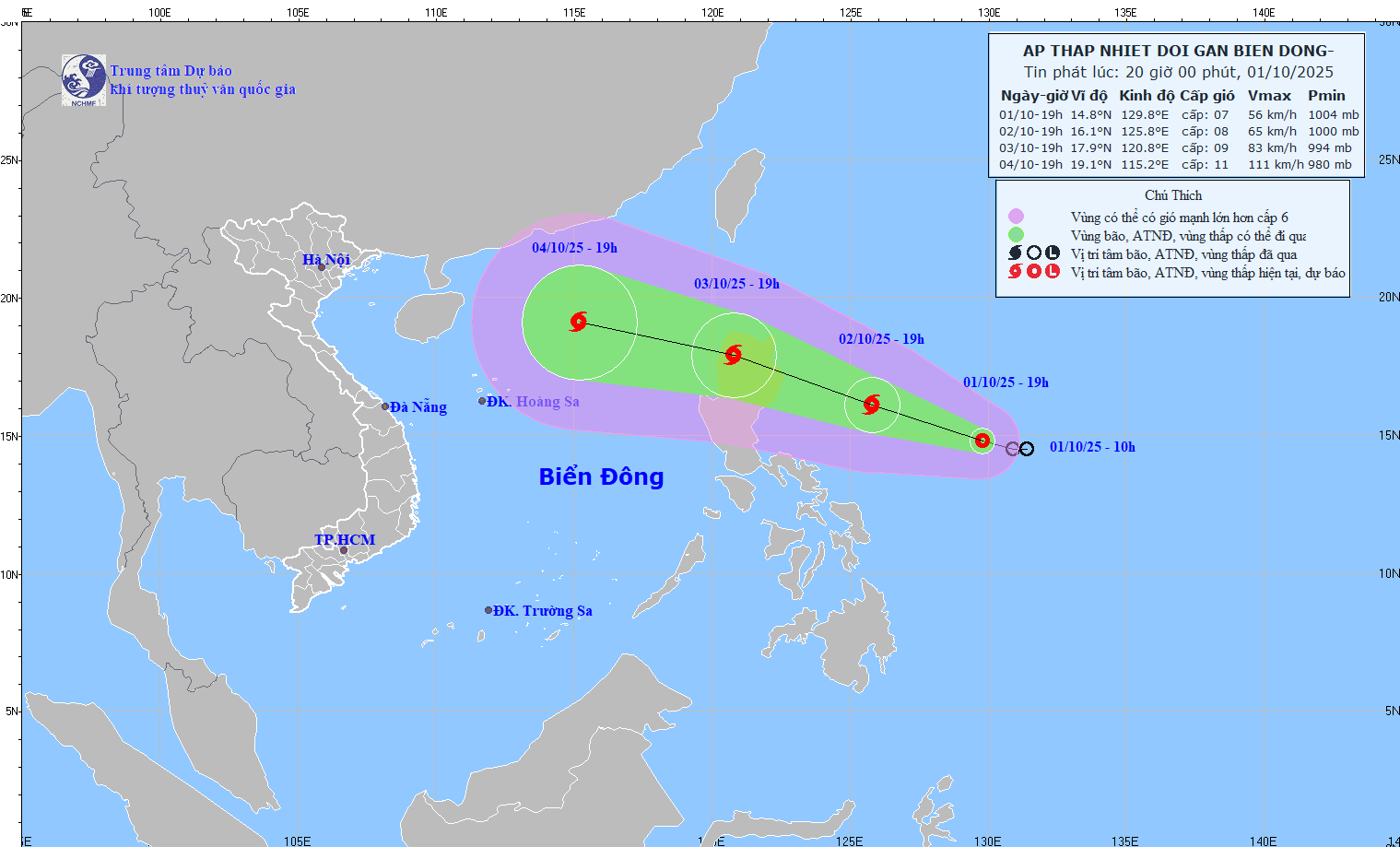 Vị trí và đường đi của áp thấp nhiệt đới. (Nguồn: Trung tâm Dự báo Khí tượng Thủy văn Quốc gia)