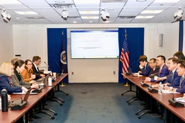 Thứ trưởng Bộ Công Thương, Phó Trưởng Đoàn đàm phán Chính phủ Nguyễn Sinh Nhật Tân làm việc với phía Mỹ trong phiên đàm phán kỹ thuật. (Ảnh: BCT/Vietnam+)