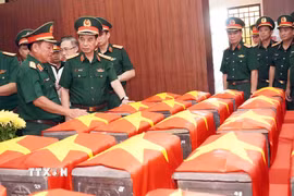 Đại tướng Phan Văn Giang, Phó thủ tướng Chính phủ, Bộ trưởng Bộ Quốc phòng dâng hương tại Nhà tưởng niệm quàn hài cốt các liệt sỹ mới tìm thấy tại công viên Lê Thị Riêng. (Ảnh: Xuân Khu/TTXVN)