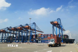 Xe chở container hoạt động trên cảng quốc tế Gemalink thuộc hệ thống Cảng biển Cái Mép (phường Tân Phước). Ảnh: Hồng Đạt - TTXVN