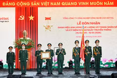 Thượng tướng Phạm Hoài Nam - Thứ trưởng Bộ Quốc phòng trao tặng danh hiệu Anh hùng Lực lượng vũ trang nhân dân cho Viettel High Tech. (Ảnh: VHT)